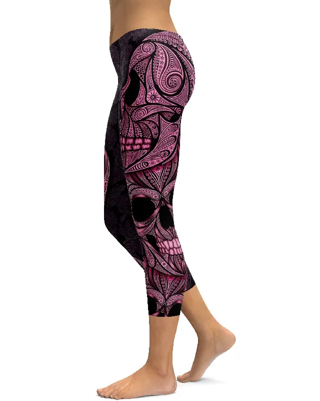 Yoga Pants for Flexibility and Strength -Pink Ornamental Skull Capris