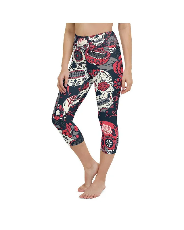 Ultra-Fit Yoga Pants for Full Range of Motion -Pink Sugar Skull Yoga Capris