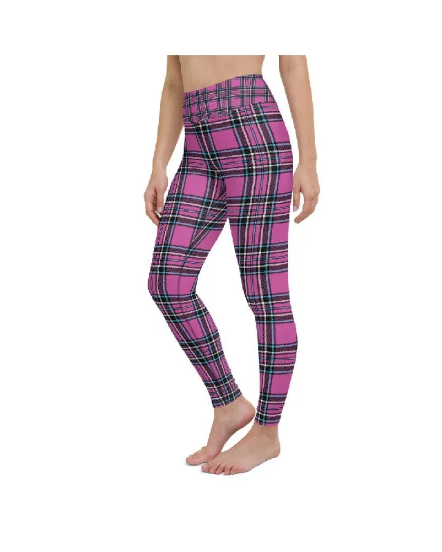 Supportive High-Waisted Yoga Pants -Pink Tartan Yoga Pants