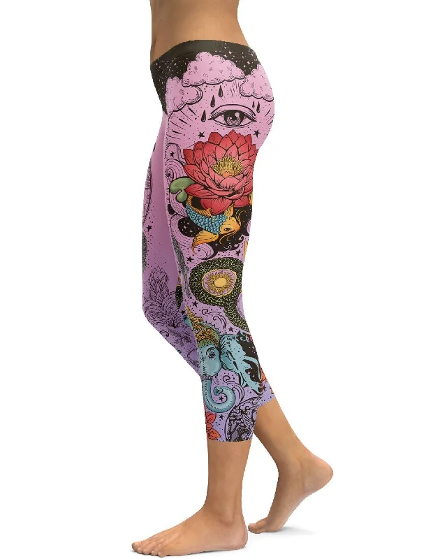 Yoga Pants for Sculpting -Pink Tattooed Lotus Capris