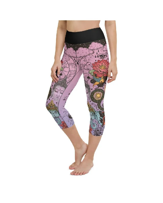 Yoga Pants for Maximum Movement -Pink Tattooed Lotus Yoga Capris