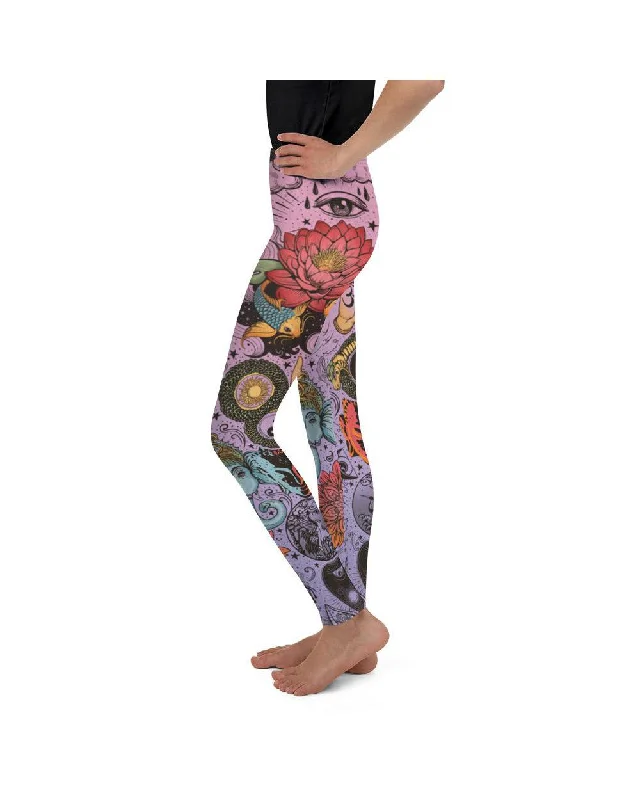 Yoga Pants with Adjustable Waist -Pink Tattooed Lotus Youth Leggings
