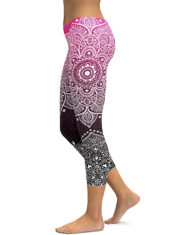 Yoga Pants with Comfort and Compression -Pink to Black Mandala Capris