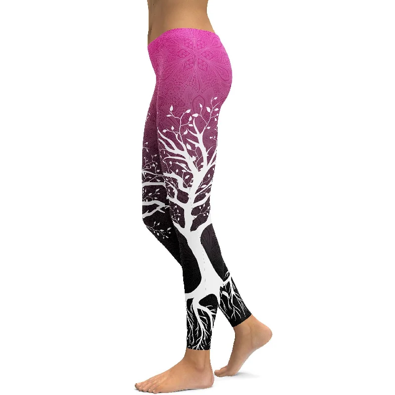Premium Yoga Pants for Practice -Pink to Black Tree of Life Leggings