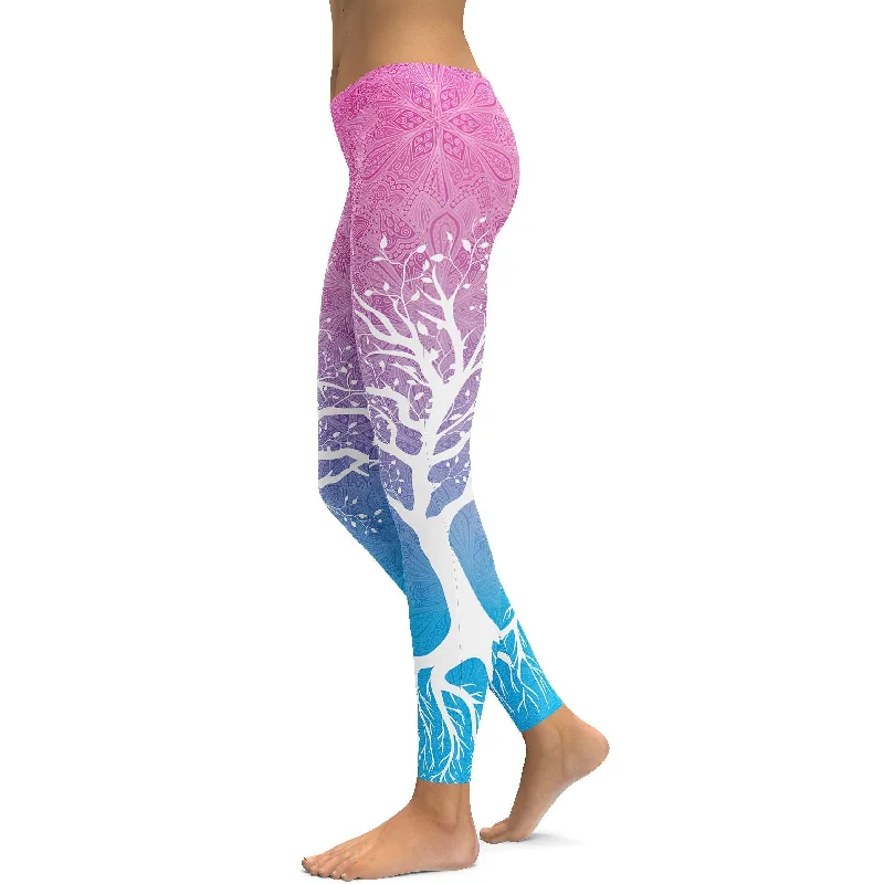 Stylish Yoga Pants for Flexibility -Pink to Blue Tree of Life Leggings
