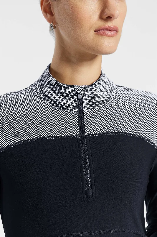 Yoga Tops for Better Posture Support -Pro Fleece 1/4 Zip Color Block Long Sleeve Top - Black/white Herringbone