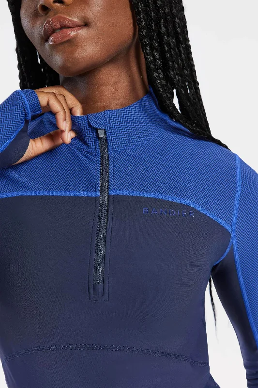 Performance Yoga Tops for Strength -Pro Fleece 1/4 Zip Color Block Long Sleeve Top - Navy Blazer/blue Herringbone
