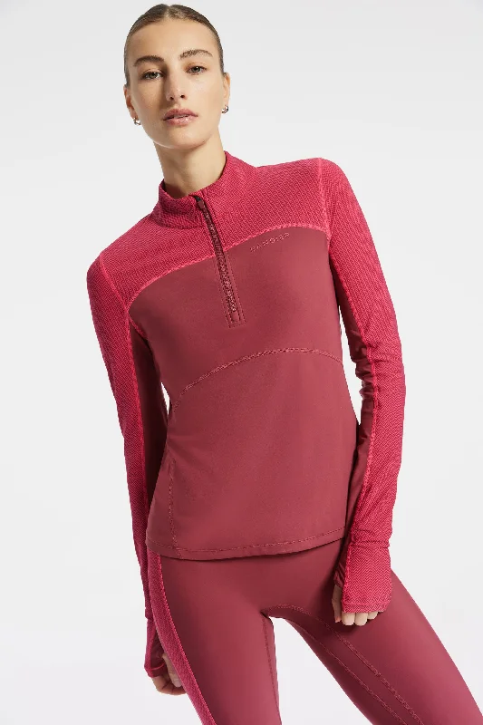 Stylish Yoga Tops for Athleisure Wear -Pro Fleece 1/4 Zip Color Block Long Sleeve Top - Cordovan/pink Herringbone