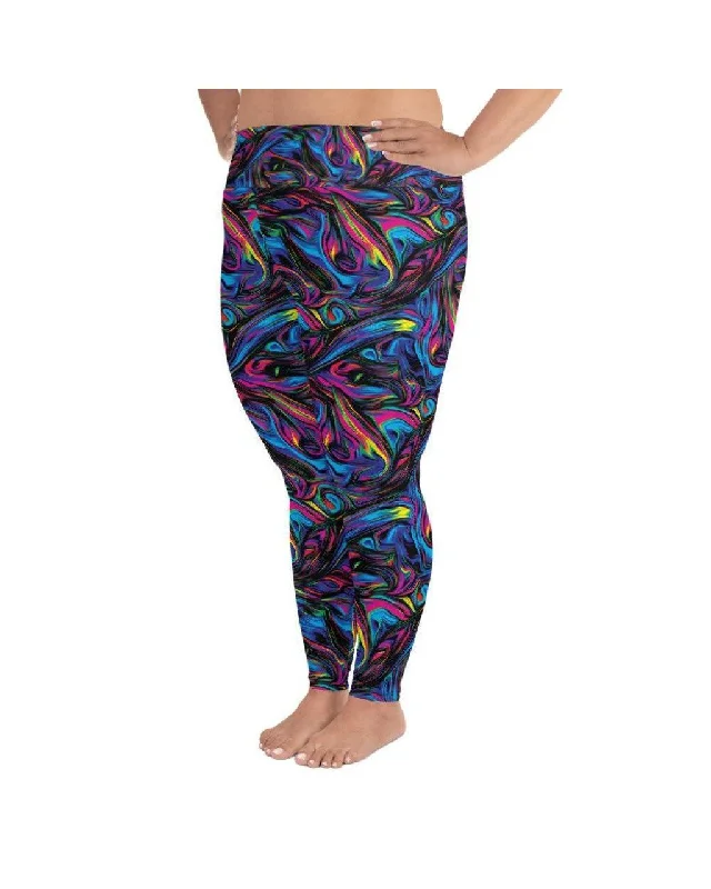 Full Coverage Yoga Pants for Women -Psychedelic Neon Paint Plus Size Leggings