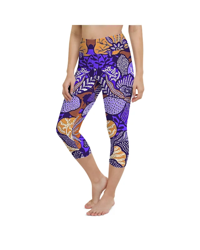 Yoga Pants for Gym and Studio Use -Purple Batik Floral Yoga Capris