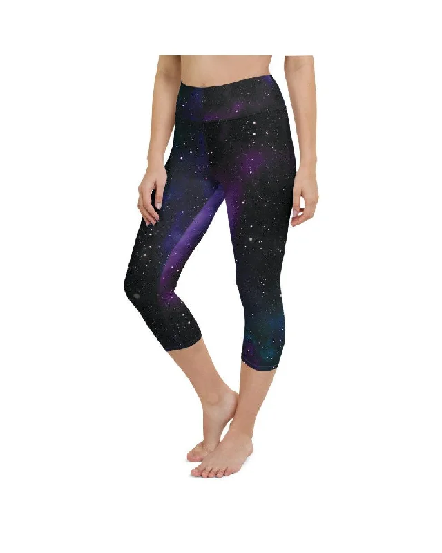Yoga Pants with Adjustable Waist -Purple Galaxy Yoga Capris