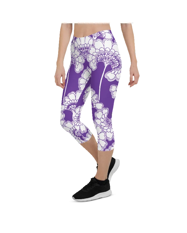 Lightweight Yoga Pants for Yoga -Purple Japanese Floral Capris