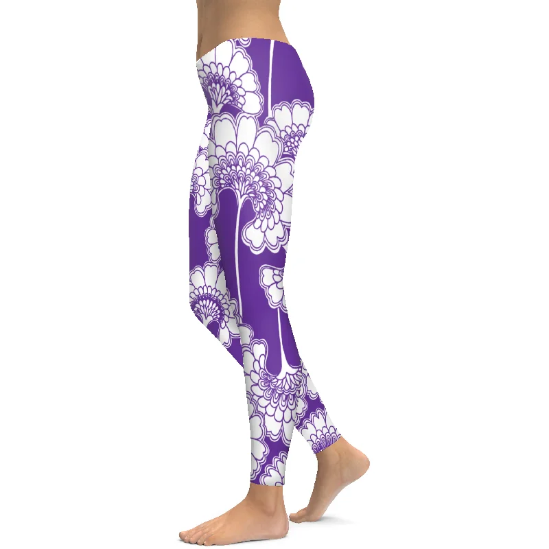 Stylish High-Waisted Yoga Pants -Purple Japanese Floral Leggings