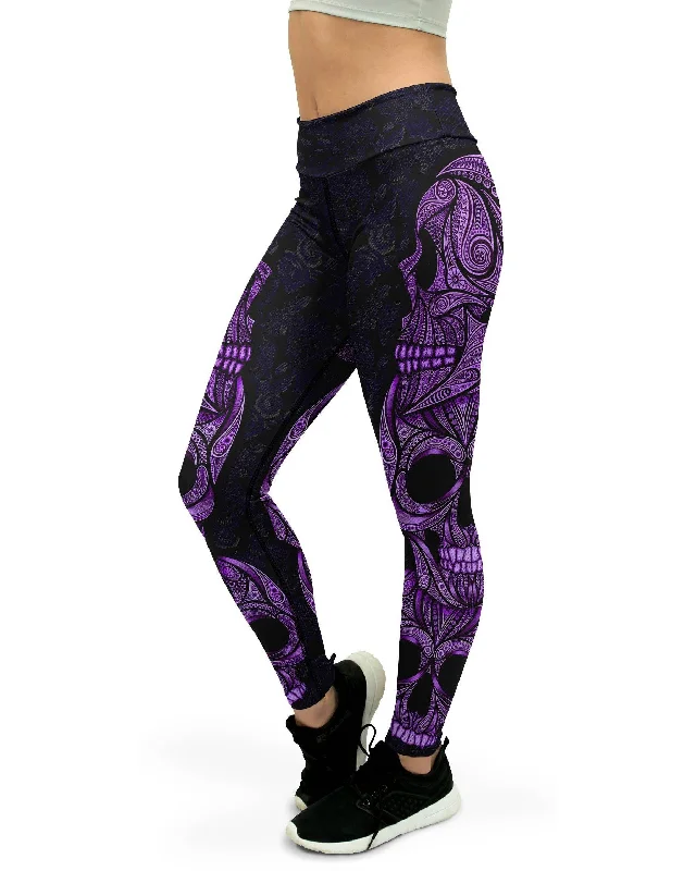 Soft and Flexible Yoga Pants for Poses -Purple Ornamental Skull Yoga Pants