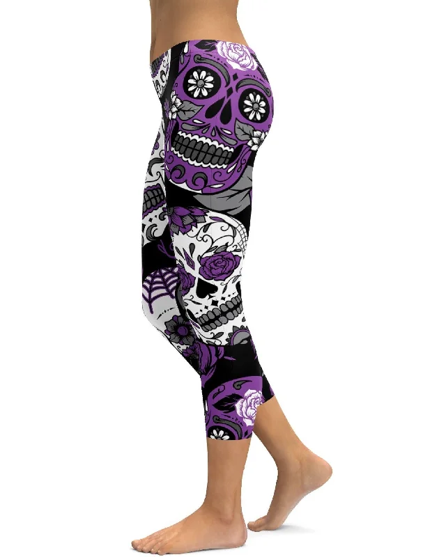 Yoga Pants for Deep Stretching -Purple Sugar Skull Capris