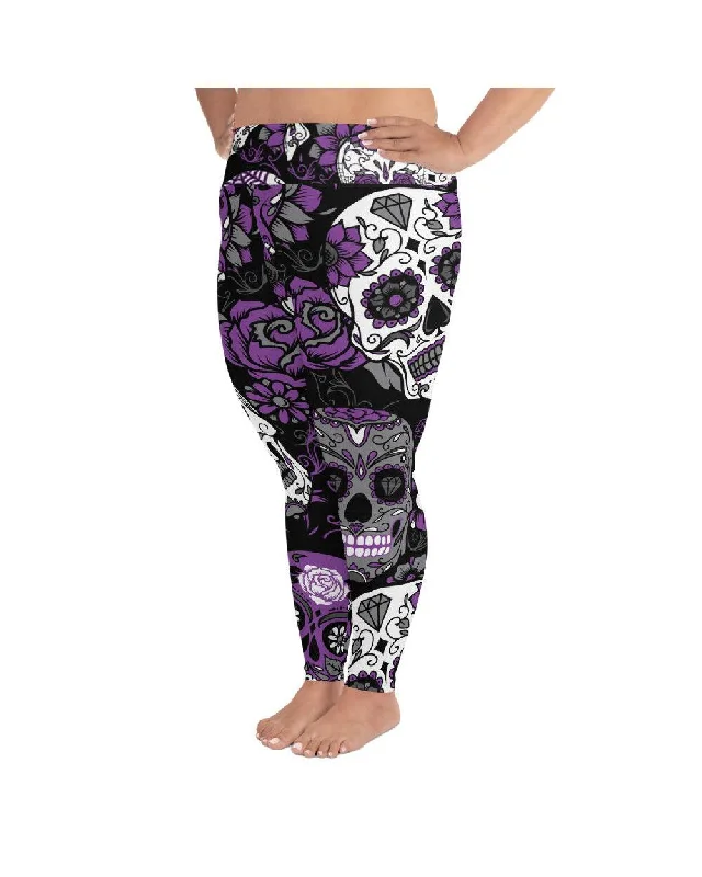 Yoga Pants for Balanced Practice -Purple Sugar Skull Plus Size Leggings