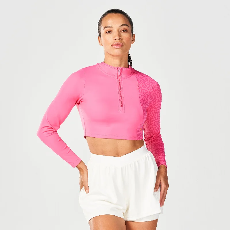 Women's Yoga Tops for Outdoor Yoga -Qtr Zip Untamed Top - Hot Pink Print