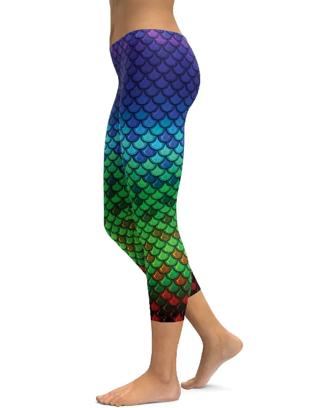 Yoga Pants for Comfort and Support -Rainbow Colored Mermaid Capris