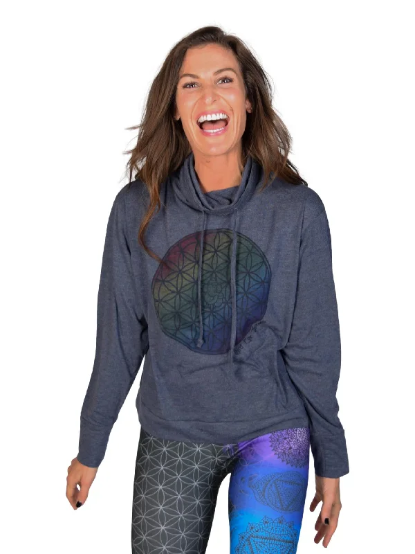Yoga Tops for Studio and Training -Rainbow Relaxed Mock Neck Long Sleeve Pullover
