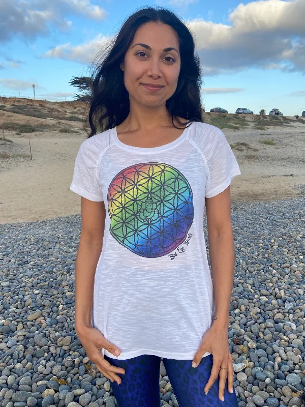 Yoga Tops for Women Who Practice Yoga -Rainbow Flower of Life Shirred Raglan Tee