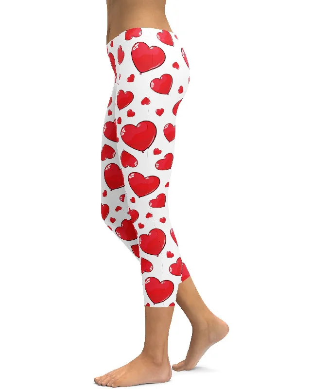 Yoga Pants for Meditation -Red Heart Shaped Balloons Capris