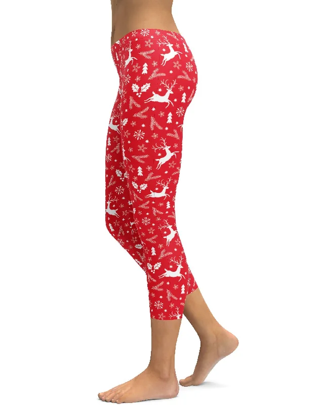 Yoga Pants for Yoga and Fitness -Red Reindeer Christmas Capris