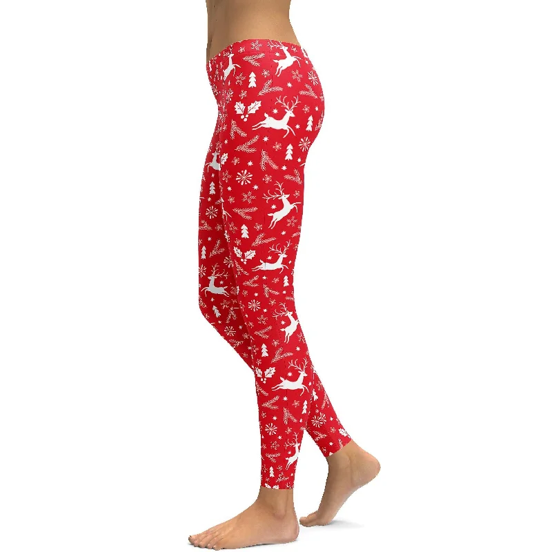Yoga Pants for Deep Poses -Red Reindeer Christmas Leggings