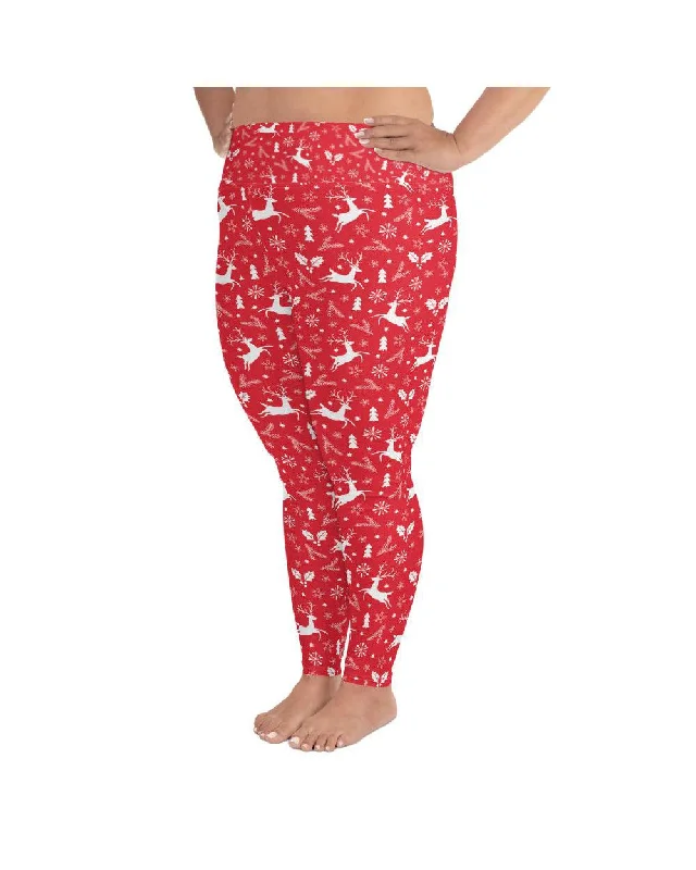 Compression Fit Yoga Pants -Red Reindeer Plus Size Leggings