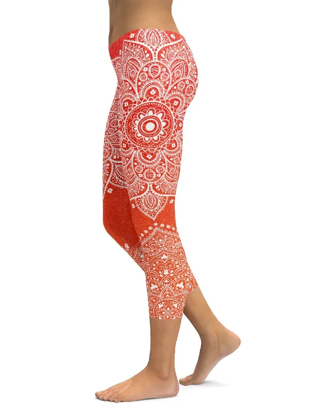 Supportive Yoga Pants -Red to Orange Mandala Capris