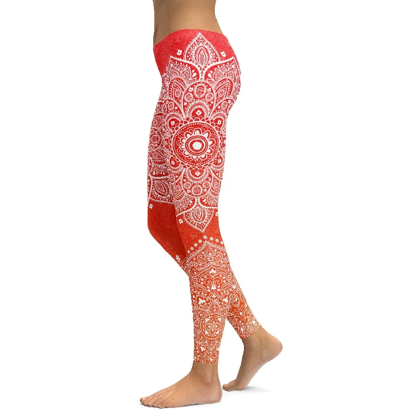 Stylish Black Yoga Pants -Red to Orange Mandala Leggings