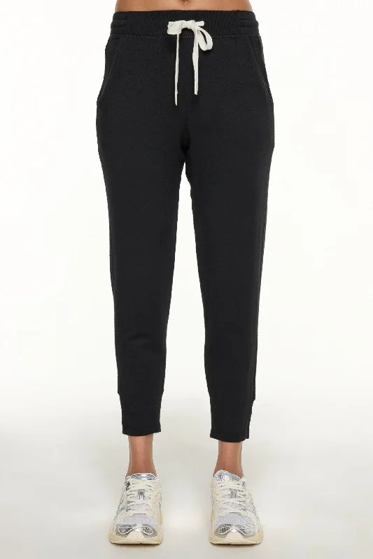 Soft Stretch Yoga Pants -Reena 7/8 Fleece Sweatpant - Black/Off White