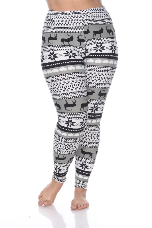 Soft Yoga Shorts for Intense Workouts -Reindeers Printed Leggings - Plus In Grey / White