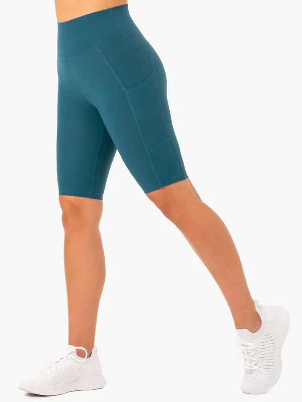 Yoga Shorts for Quick Flexibility -Reset High Waisted Pocket Bike Shorts - Teal