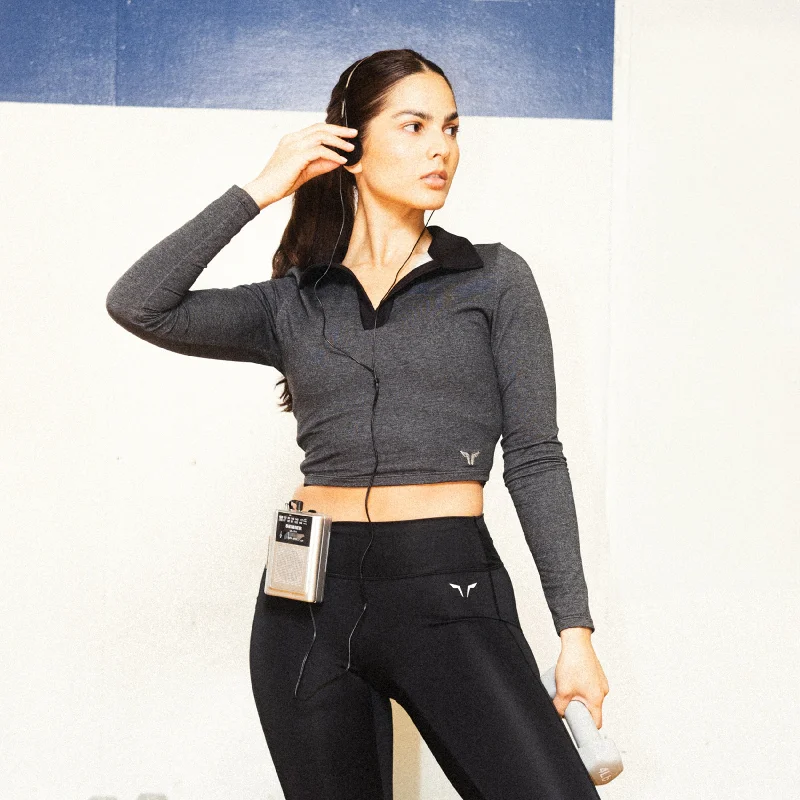 Yoga Tops for Women -Retrograde Notched Crop Top - Black Marl