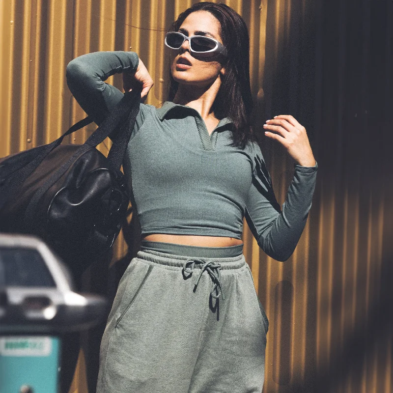 Yoga Tops with Full Support and Comfort -Retrograde Notched Crop Top - Dark Forest Marl Yoga Tops with Full Support and Comfort -Retrograde Notched Crop Top - Dark Forest Marl