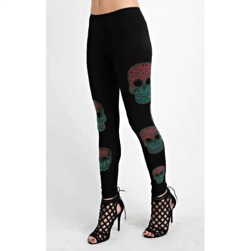 Yoga Shorts with Smooth Fit -Rhinestone Sugar Skulls Leggings In Black