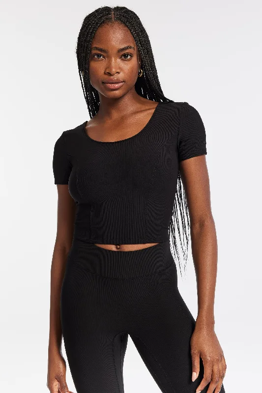 Stylish Yoga Tops for Gym Sessions -Rib Crop Short Sleeve - Black Rib