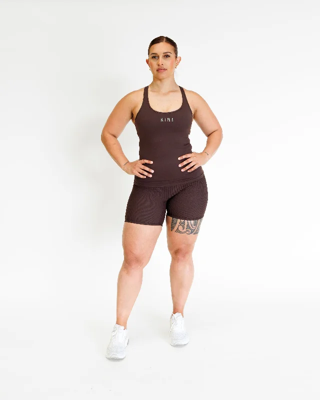 Women's Yoga Shorts for Stretching -RIBBED STAPLE MID SHORT ESPRESSO
