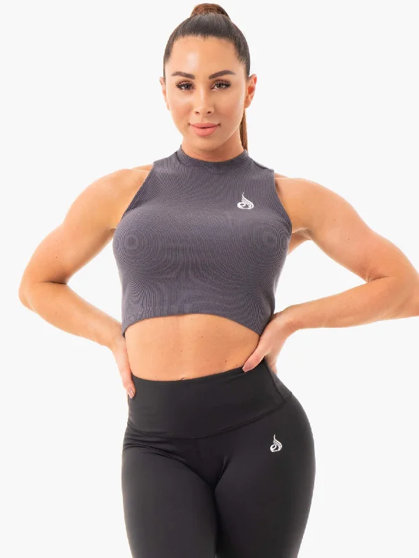 Fitted Yoga Tops for Intense Training -Ribbed Crop Tank - Charcoal
