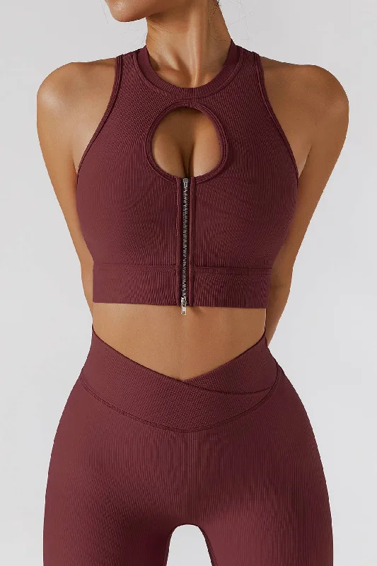 Yoga Bar with Salt for Electrolytes -Ribbed Keyhole Zip Crop Tops Buit-in Bra
