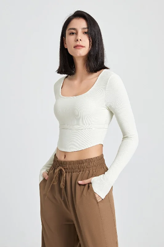 Yoga Bar with Organic Maple Syrup -Ribbed Long Sleeve Crop Shirts with Built In Bra