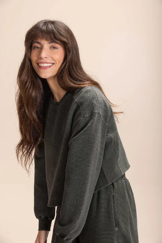 Yoga Tops for Running and Fitness -Ribbed Washed Sweatshirt