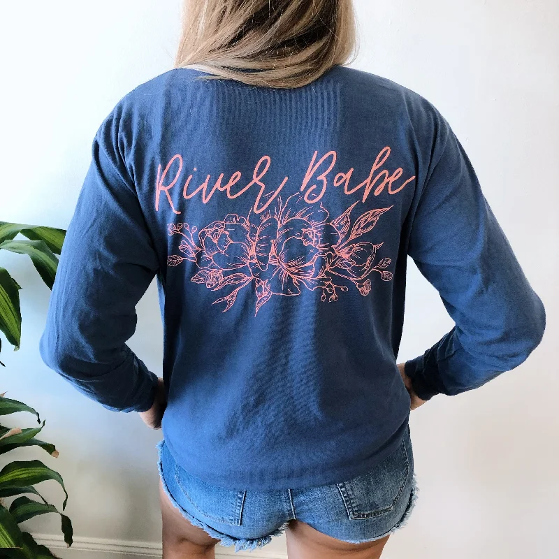 Women's Yoga Tops with High Coverage -River Babe Flower • Navy Long sleeve