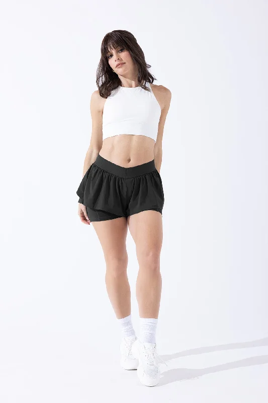 High-Waisted Yoga Shorts for Core Support -On the Run Ruffle Short - Black