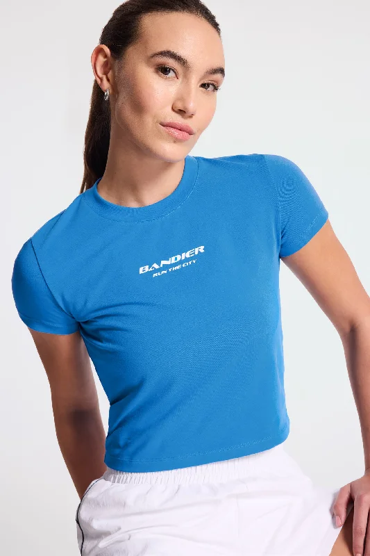 Yoga Tops for Yoga and Relaxation -Run the City Baby Tee - French Blue/white