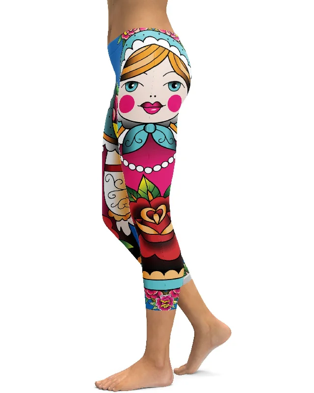 Yoga Pants with Shaping Waistband -Russian Matryoshka Doll Capris