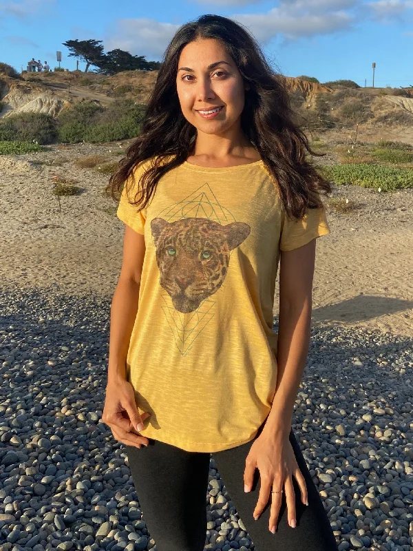 Women's Yoga Tops with Performance Features -Sacred Geometry Jaguar Shirred Raglan Tee