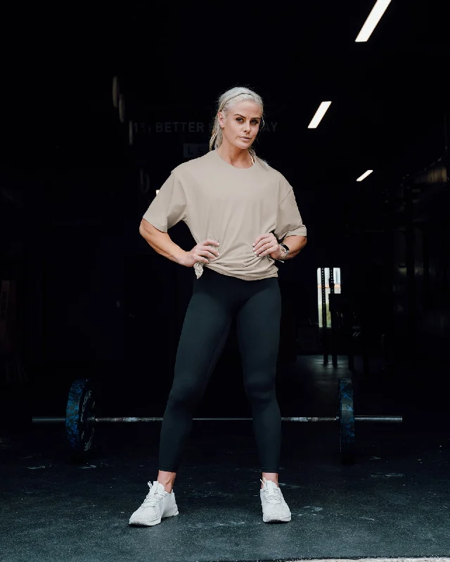 Yoga Tops for Yoga and Strength Training -Sara I Can Shall & Will FLXCotton Tee Oversize - Shale Beige-White