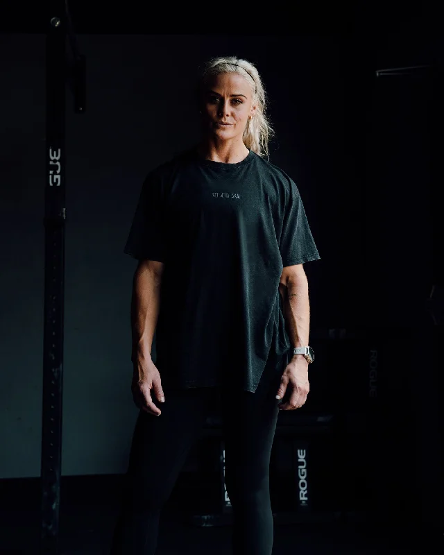 Women's Yoga Tops for Stretching and Yoga Poses -Sara I Can Shall & Will Oversized Washed Tee - Black-Black