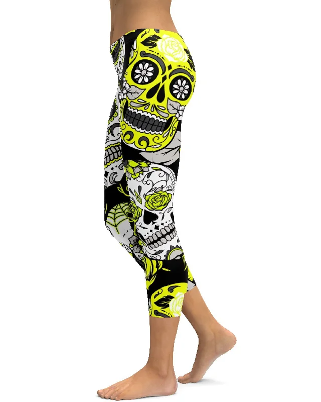 Yoga Pants for Active Women -Sassy Yellow Sugar Skull Capris